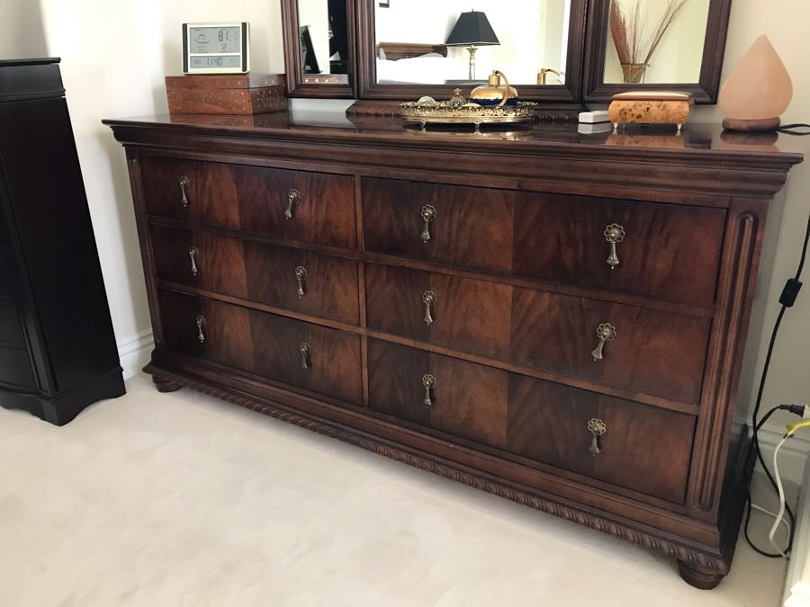 Stunning National Mt. Airy 6-Drawer Chest Of Drawers Dresser With Brass Pulls And 3-Panel Beveled Glass Adjustable Hinged Mirror [Photo 8]