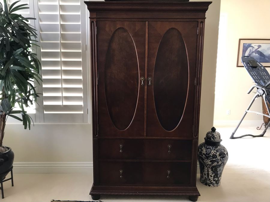 National Mt. Airy Wooden Dresser Cabinet Armoire With Mirrors On Inside Of Hinged Doors And Brass Pulls [Photo 2]
