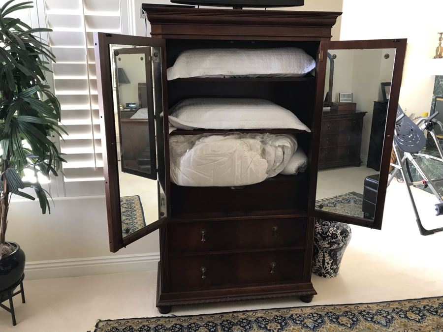 National Mt. Airy Wooden Dresser Cabinet Armoire With Mirrors On Inside Of Hinged Doors And Brass Pulls [Photo 5]
