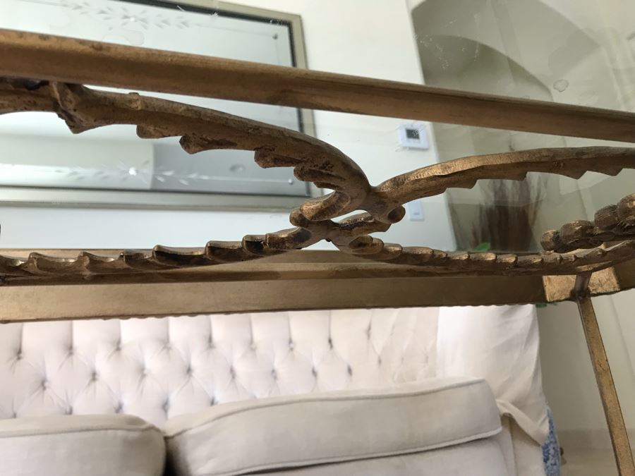 Elegant Gilt Metal Glass Top Coffee Table With Floral Heart Design [Photo 7]