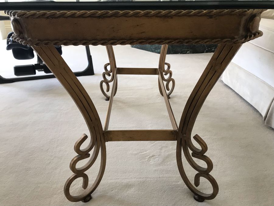 Elegant Gilt Metal Glass Top Coffee Table With Floral Heart Design [Photo 5]