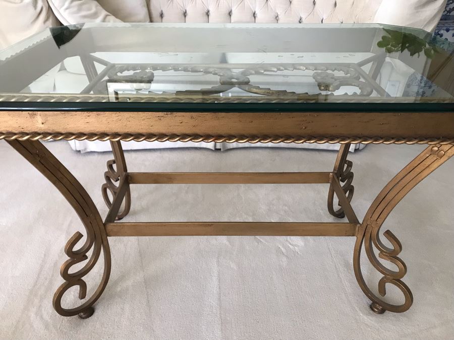 Elegant Gilt Metal Glass Top Coffee Table With Floral Heart Design 7069