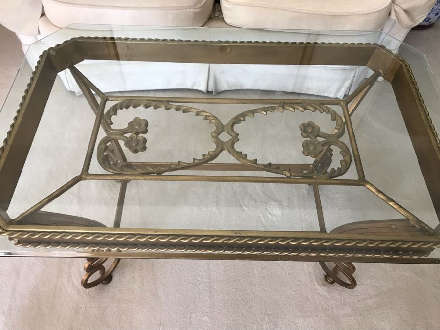 Elegant Gilt Metal Glass Top Coffee Table With Floral Heart Design [Photo 2]
