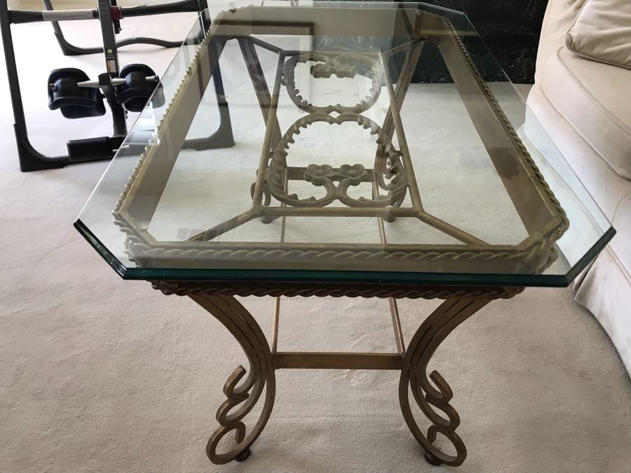 Elegant Gilt Metal Glass Top Coffee Table With Floral Heart Design [Photo 4]