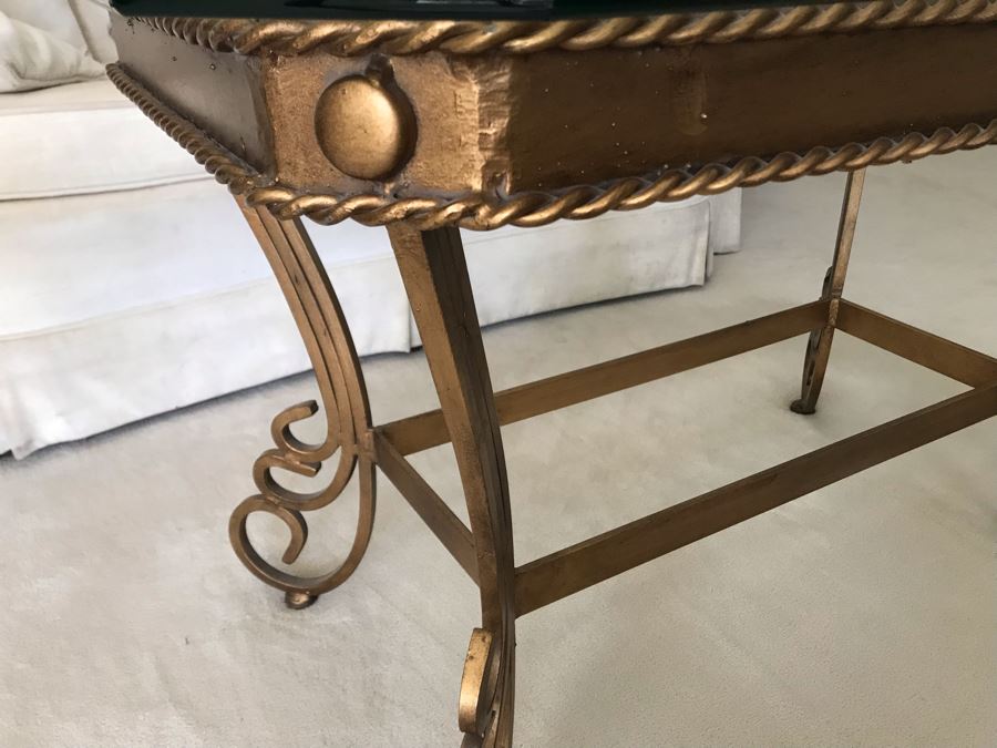 Elegant Gilt Metal Glass Top Coffee Table With Floral Heart Design [Photo 6]