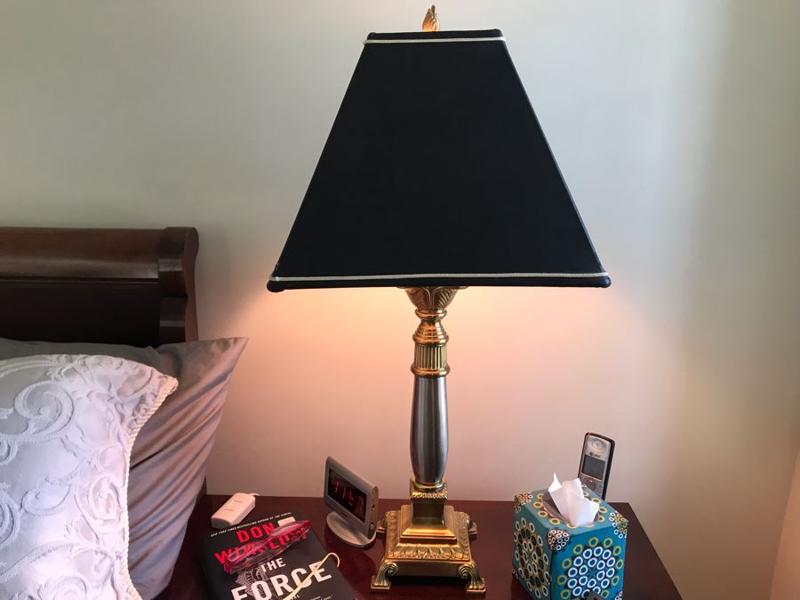 Pair Of Stiffel Heavy Brass Ornate Silver And Gold Table Lamps With Black Stiffel Shades [Photo 8]