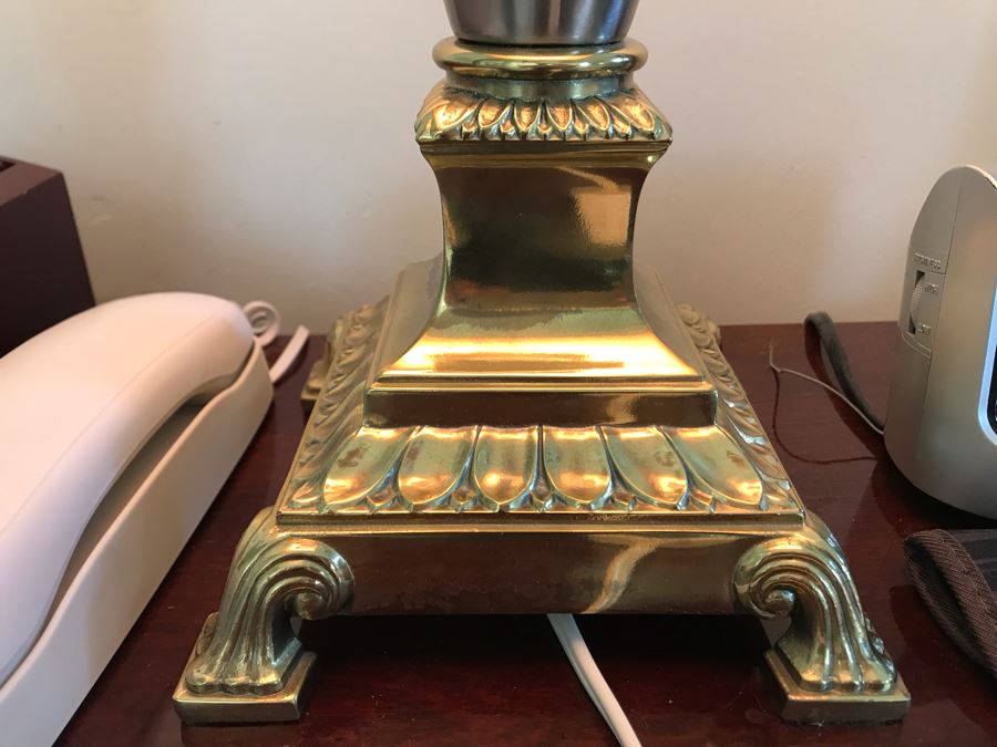 Pair Of Stiffel Heavy Brass Ornate Silver And Gold Table Lamps With Black Stiffel Shades [Photo 5]