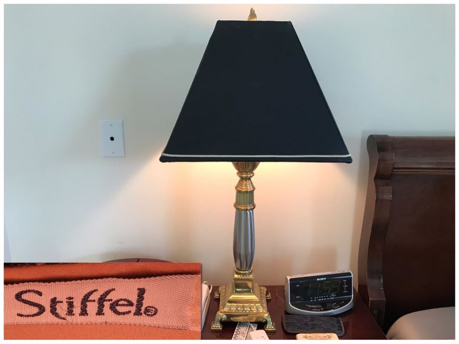 Pair Of Stiffel Heavy Brass Ornate Silver And Gold Table Lamps With Black Stiffel Shades [Photo 2]