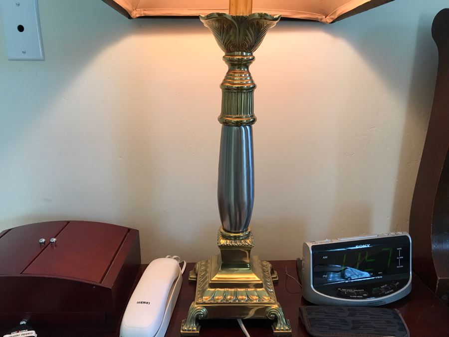 Pair Of Stiffel Heavy Brass Ornate Silver And Gold Table Lamps With Black Stiffel Shades [Photo 3]