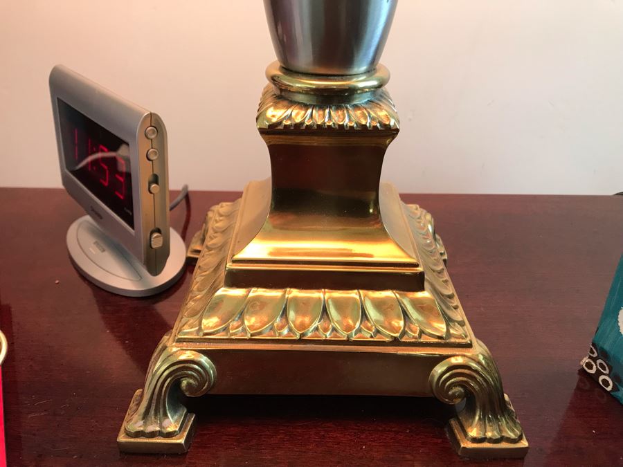 Pair Of Stiffel Heavy Brass Ornate Silver And Gold Table Lamps With Black Stiffel Shades [Photo 10]