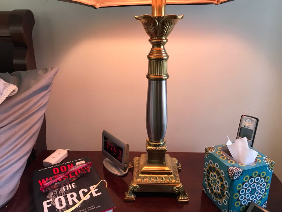 Pair Of Stiffel Heavy Brass Ornate Silver And Gold Table Lamps With Black Stiffel Shades [Photo 9]