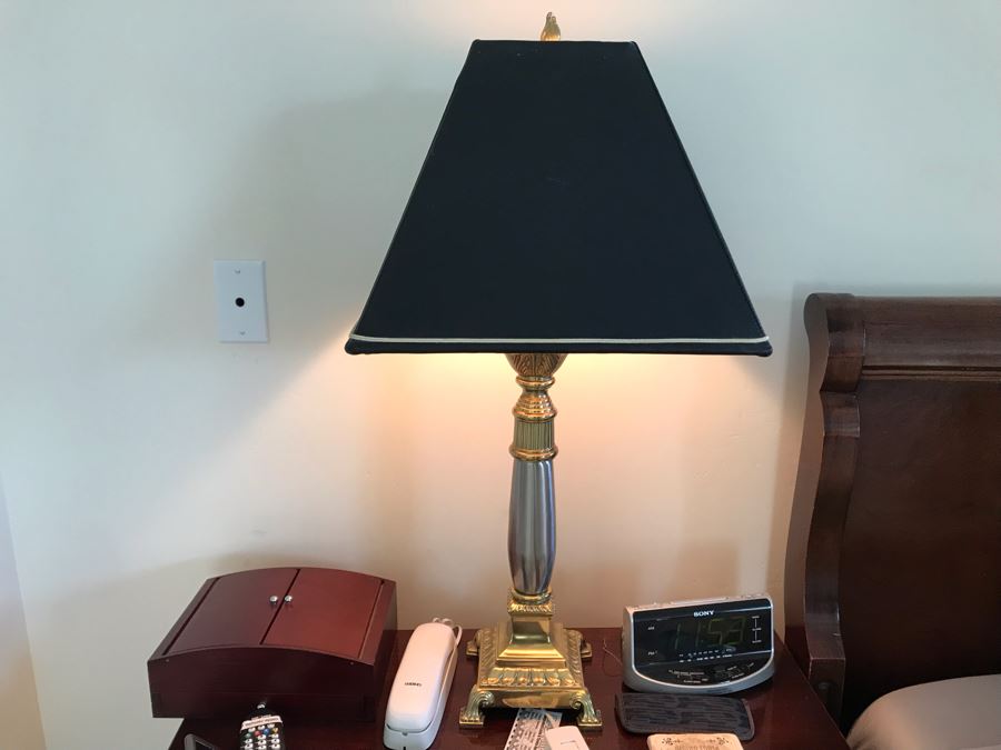 Pair Of Stiffel Heavy Brass Ornate Silver And Gold Table Lamps With Black Stiffel Shades [Photo 1]