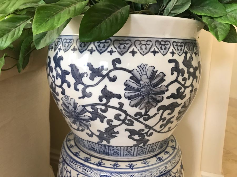 Contemporary Chinese Blue And White Garden Stool With Contemporary Chinese Blue And White Flower Pot With Faux Plant [Photo 2]
