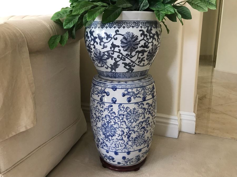 Contemporary Chinese Blue And White Garden Stool With Contemporary Chinese Blue And White Flower Pot With Faux Plant