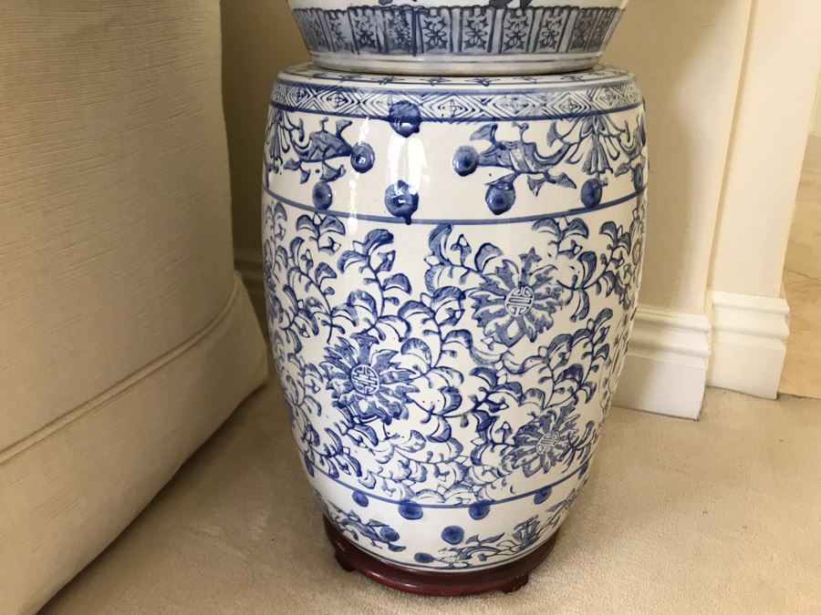Contemporary Chinese Blue And White Garden Stool With Contemporary Chinese Blue And White Flower Pot With Faux Plant [Photo 3]