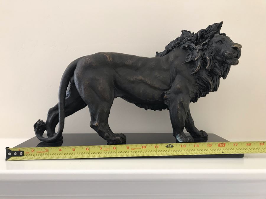 Brass Lion Sculpture On Marble Base By SPI San Pacific International 17.5'W X 6'D X 10.5'H [Photo 2]