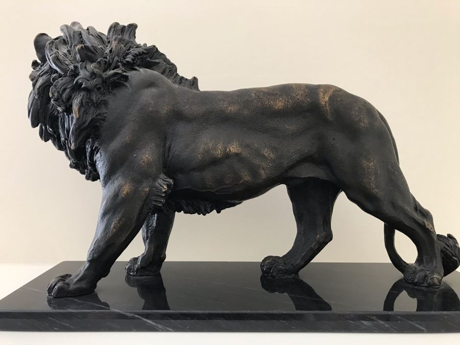 Brass Lion Sculpture On Marble Base By SPI San Pacific International 17.5'W X 6'D X 10.5'H [Photo 10]