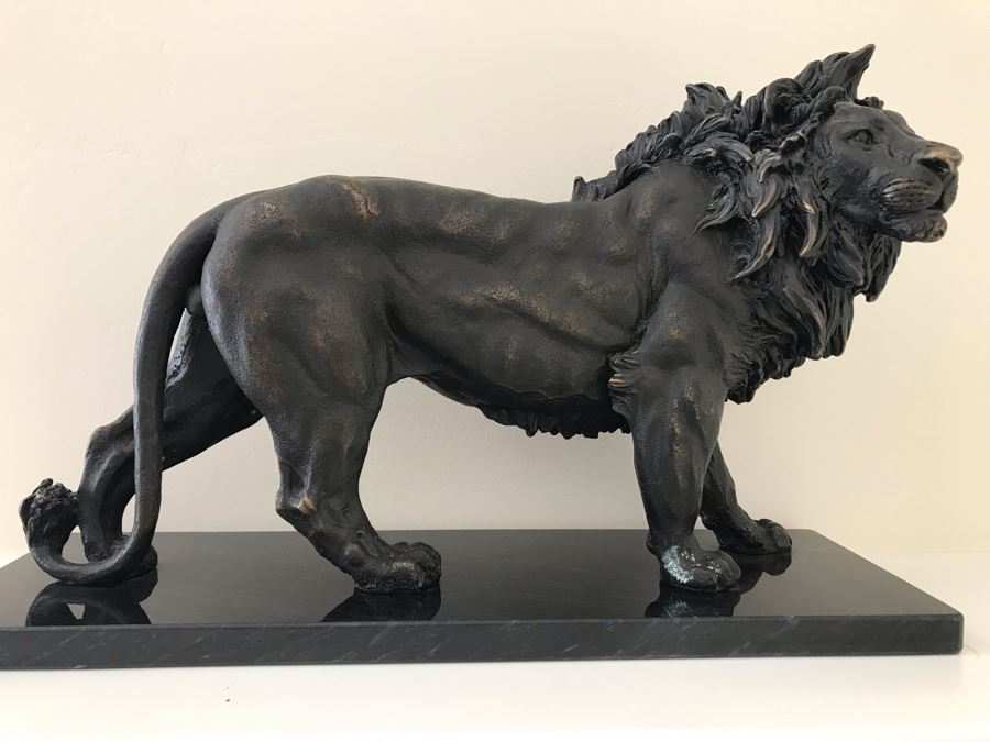Brass Lion Sculpture On Marble Base By SPI San Pacific International 17.5'W X 6'D X 10.5'H [Photo 3]