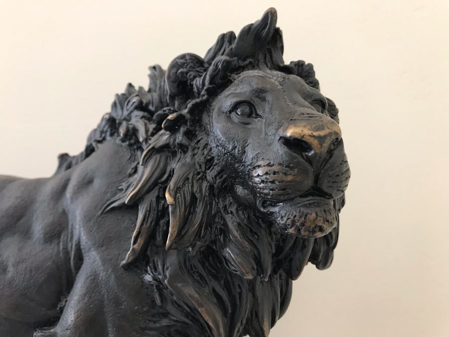 Brass Lion Sculpture On Marble Base By SPI San Pacific International 17.5'W X 6'D X 10.5'H [Photo 4]