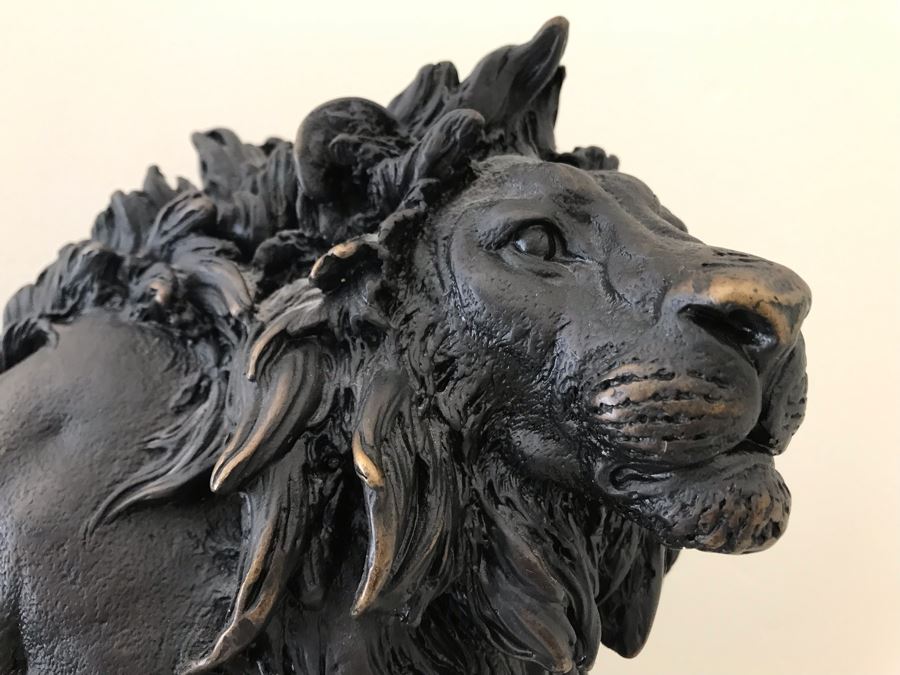 Brass Lion Sculpture On Marble Base By SPI San Pacific International 17.5'W X 6'D X 10.5'H [Photo 5]