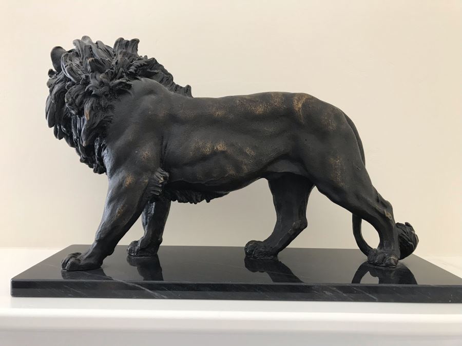 Brass Lion Sculpture On Marble Base By SPI San Pacific International 17.5'W X 6'D X 10.5'H [Photo 9]
