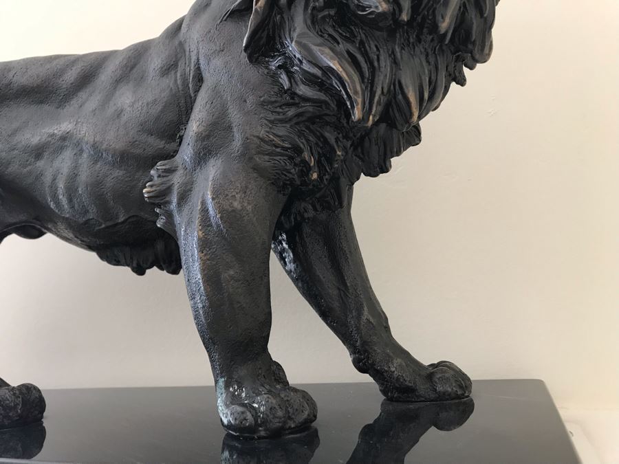 Brass Lion Sculpture On Marble Base By SPI San Pacific International 17.5'W X 6'D X 10.5'H [Photo 6]