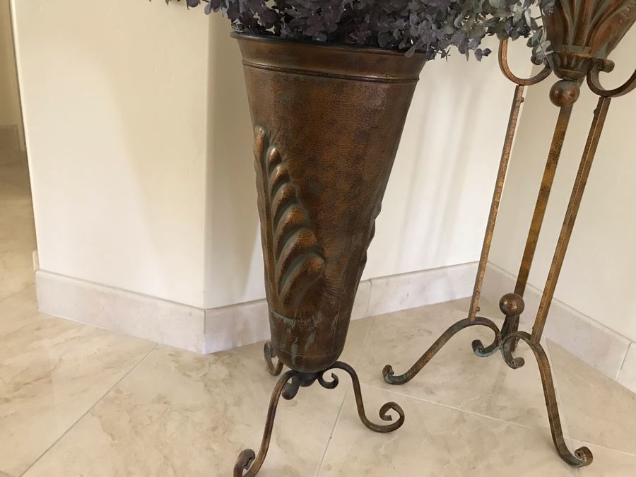 Pair Of Free Standing Metal Decorative Vases With Faux Flowers [Photo 4]