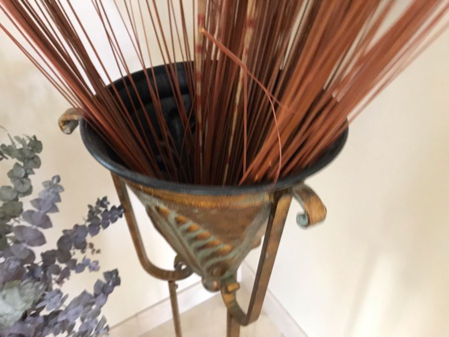 Pair Of Free Standing Metal Decorative Vases With Faux Flowers [Photo 6]