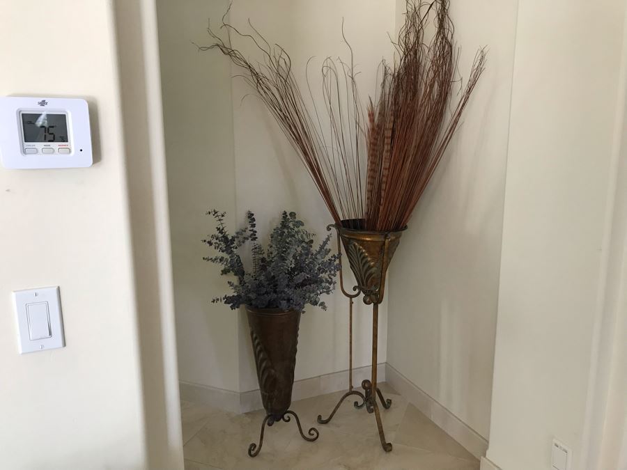 Pair Of Free Standing Metal Decorative Vases With Faux Flowers [Photo 2]