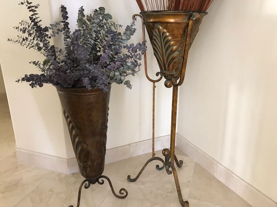 Pair Of Free Standing Metal Decorative Vases With Faux Flowers