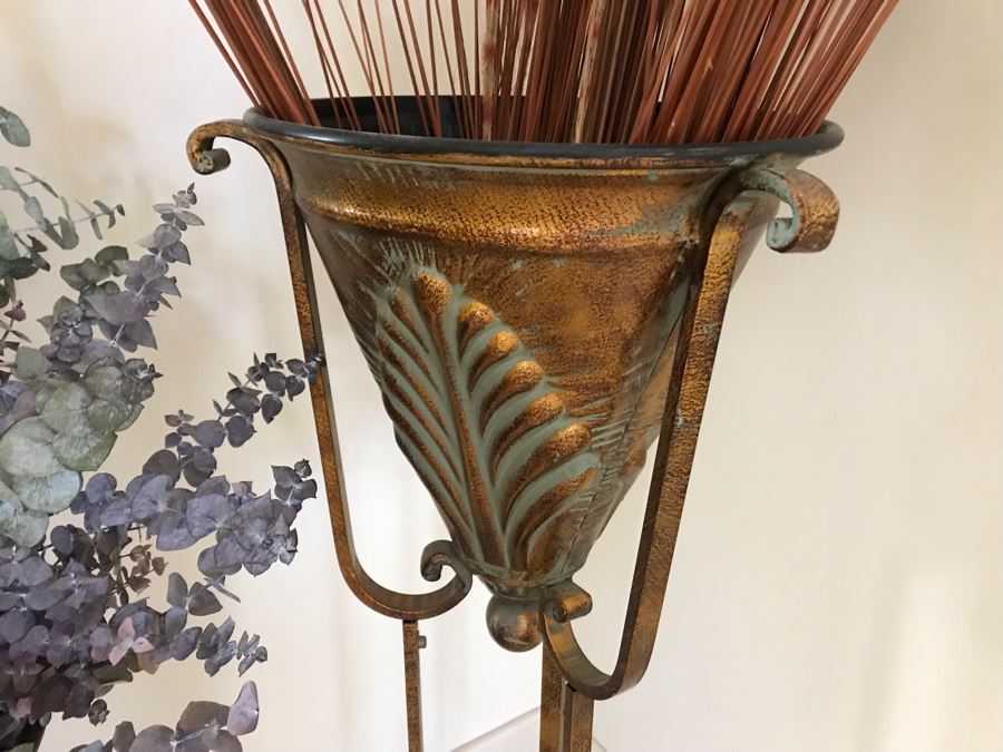 Pair Of Free Standing Metal Decorative Vases With Faux Flowers [Photo 3]