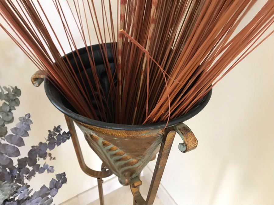 Pair Of Free Standing Metal Decorative Vases With Faux Flowers [Photo 5]