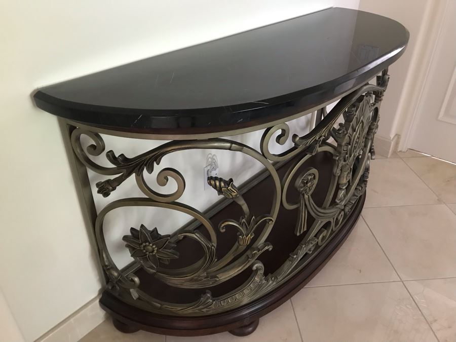 Contemporary Console Sofa Table With Heavy Black Marble Top And Ornate Metal Base 5'W X 20'D X 34'H [Photo 5]
