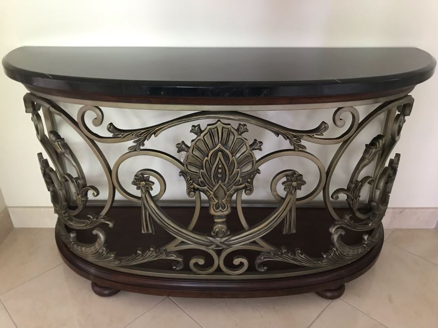 Contemporary Console Sofa Table With Heavy Black Marble Top And Ornate Metal Base 5'W X 20'D X 34'H [Photo 2]