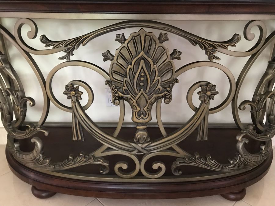 Contemporary Console Sofa Table With Heavy Black Marble Top And Ornate Metal Base 5'W X 20'D X 34'H [Photo 3]