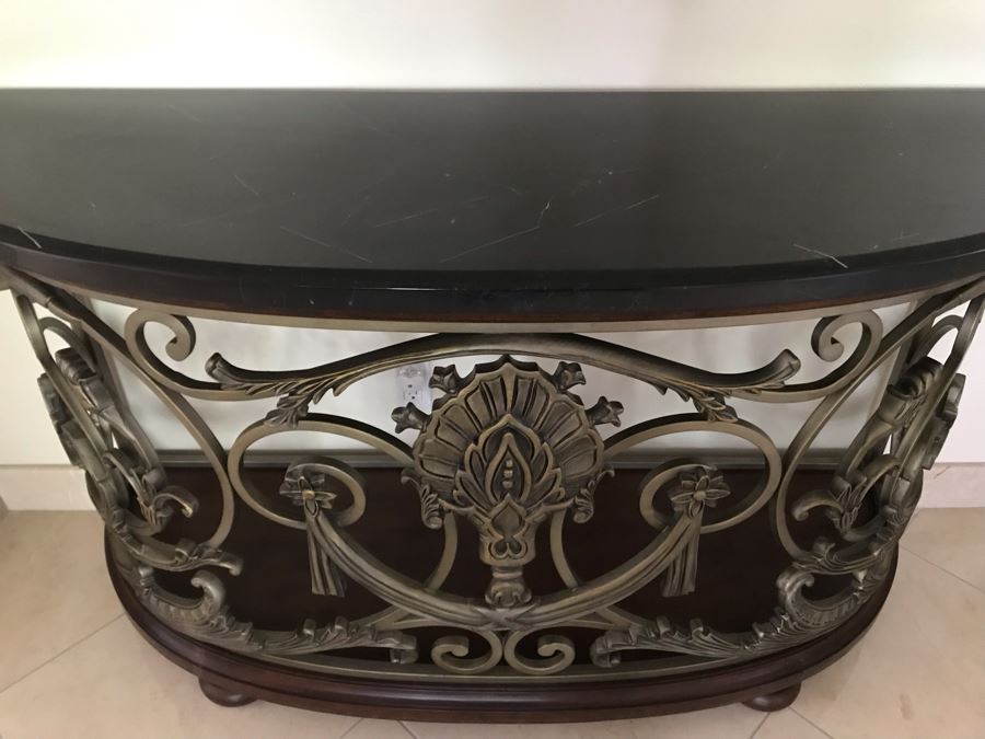 Contemporary Console Sofa Table With Heavy Black Marble Top And Ornate Metal Base 5'W X 20'D X 34'H [Photo 4]