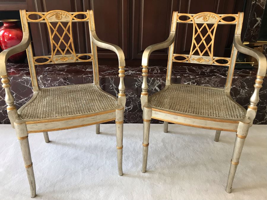 Pair Of Maitland-Smith Wooden Silver And Gold Cane Seat Armchairs With Seat Cushions