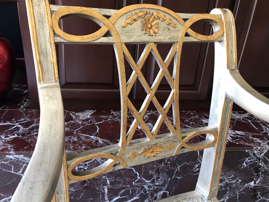 Pair Of Maitland-Smith Wooden Silver And Gold Cane Seat Armchairs With Seat Cushions [Photo 6]