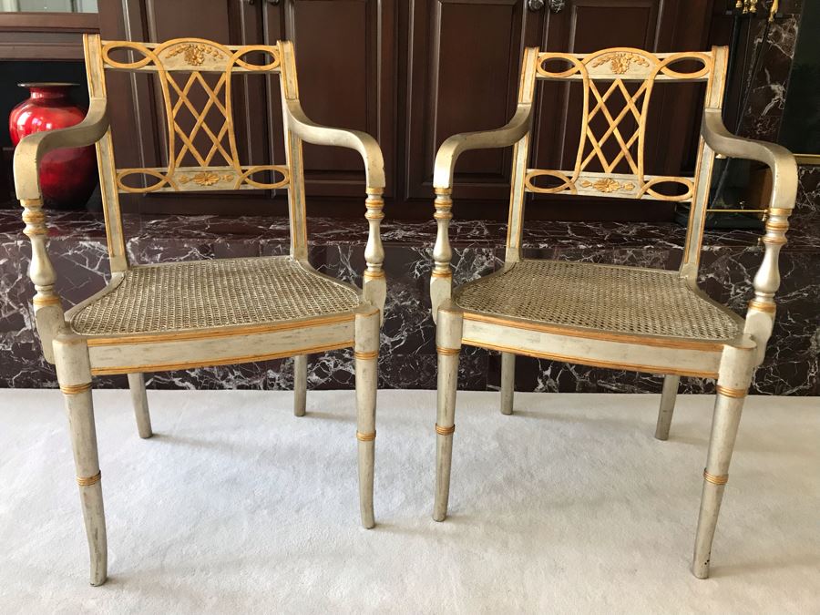 Pair Of Maitland-Smith Wooden Silver And Gold Cane Seat Armchairs With Seat Cushions [Photo 2]