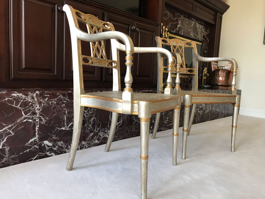 Pair Of Maitland-Smith Wooden Silver And Gold Cane Seat Armchairs With Seat Cushions [Photo 4]
