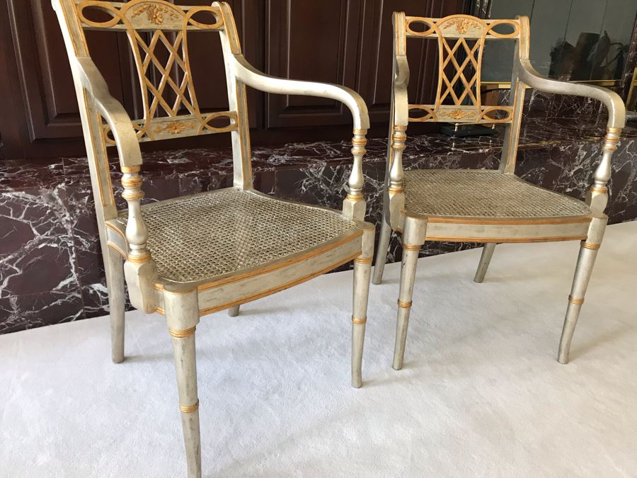 Pair Of Maitland-Smith Wooden Silver And Gold Cane Seat Armchairs With Seat Cushions [Photo 3]