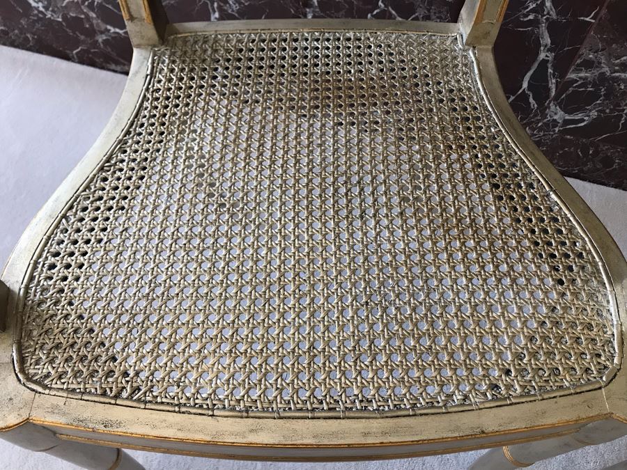 Pair Of Maitland-Smith Wooden Silver And Gold Cane Seat Armchairs With Seat Cushions [Photo 5]