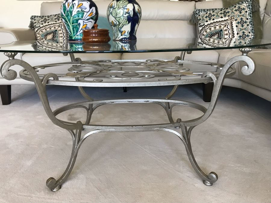 Elegant Silver Tone Metal Base Round Glass Top Coffee Table 48'R X 20.5'H [Photo 3]