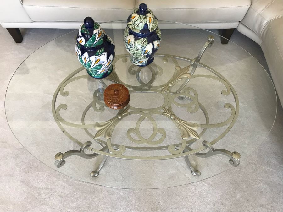 Elegant Silver Tone Metal Base Round Glass Top Coffee Table 48'R X 20.5'H [Photo 5]
