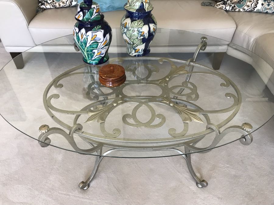 Elegant Silver Tone Metal Base Round Glass Top Coffee Table 48'R X 20.5'H