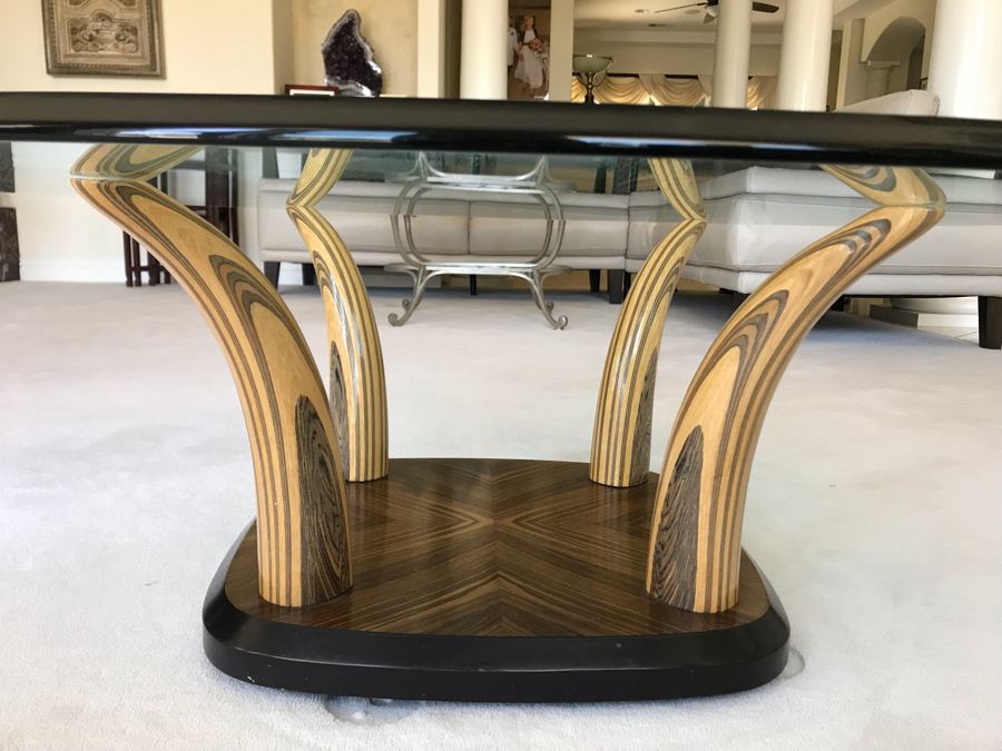 Stunning Henredon Wooden Faux Elephant Tusk Coffee Table With Glass Top 44'W X 16'H [Photo 1]