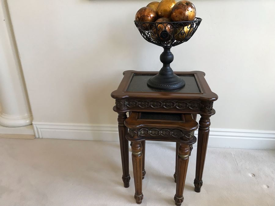 Contemporary Nesting Tables And Metal Footed Bowl With Faux Gold Tone Decorative Balls Table Measures 18'W X 16'D X 22'H [Photo 10]