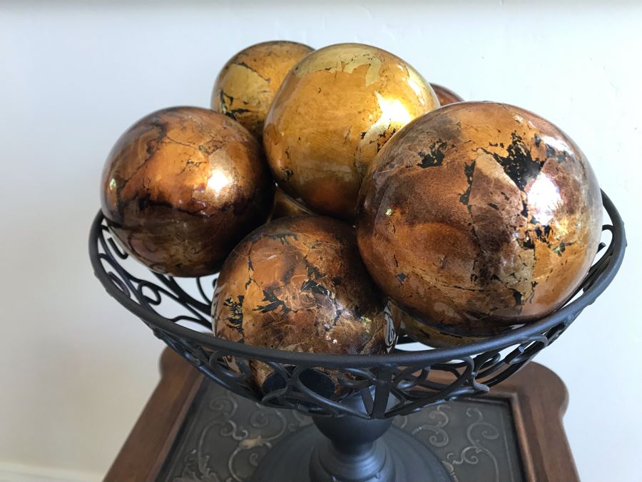 Contemporary Nesting Tables And Metal Footed Bowl With Faux Gold Tone Decorative Balls Table Measures 18'W X 16'D X 22'H [Photo 5]