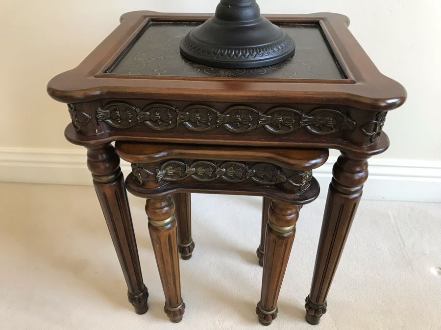 Contemporary Nesting Tables And Metal Footed Bowl With Faux Gold Tone Decorative Balls Table Measures 18'W X 16'D X 22'H [Photo 7]