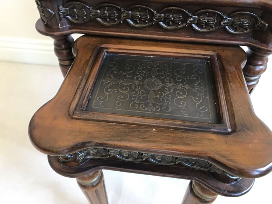 Contemporary Nesting Tables And Metal Footed Bowl With Faux Gold Tone Decorative Balls Table Measures 18'W X 16'D X 22'H [Photo 9]